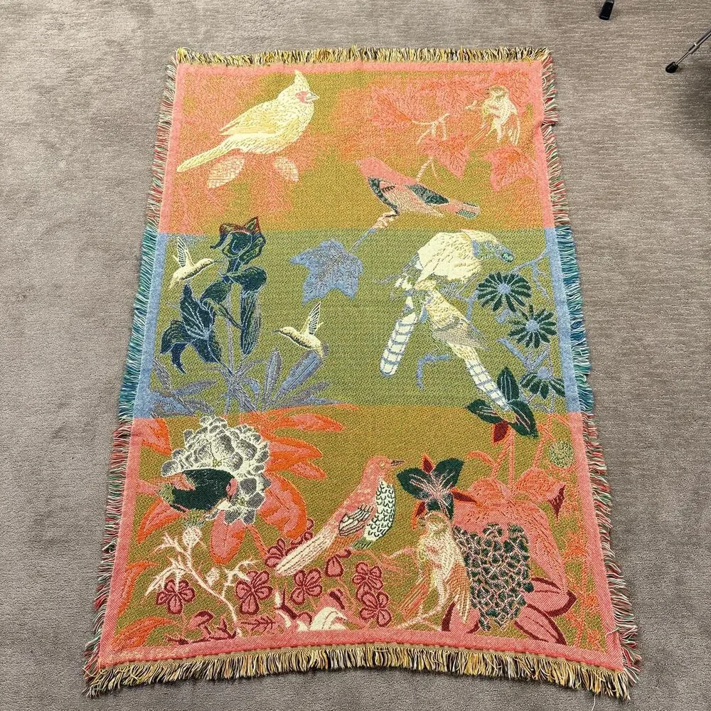 Vintage Nature Bird & Flower Woven Tapestry Throw Blanket Fringed 46